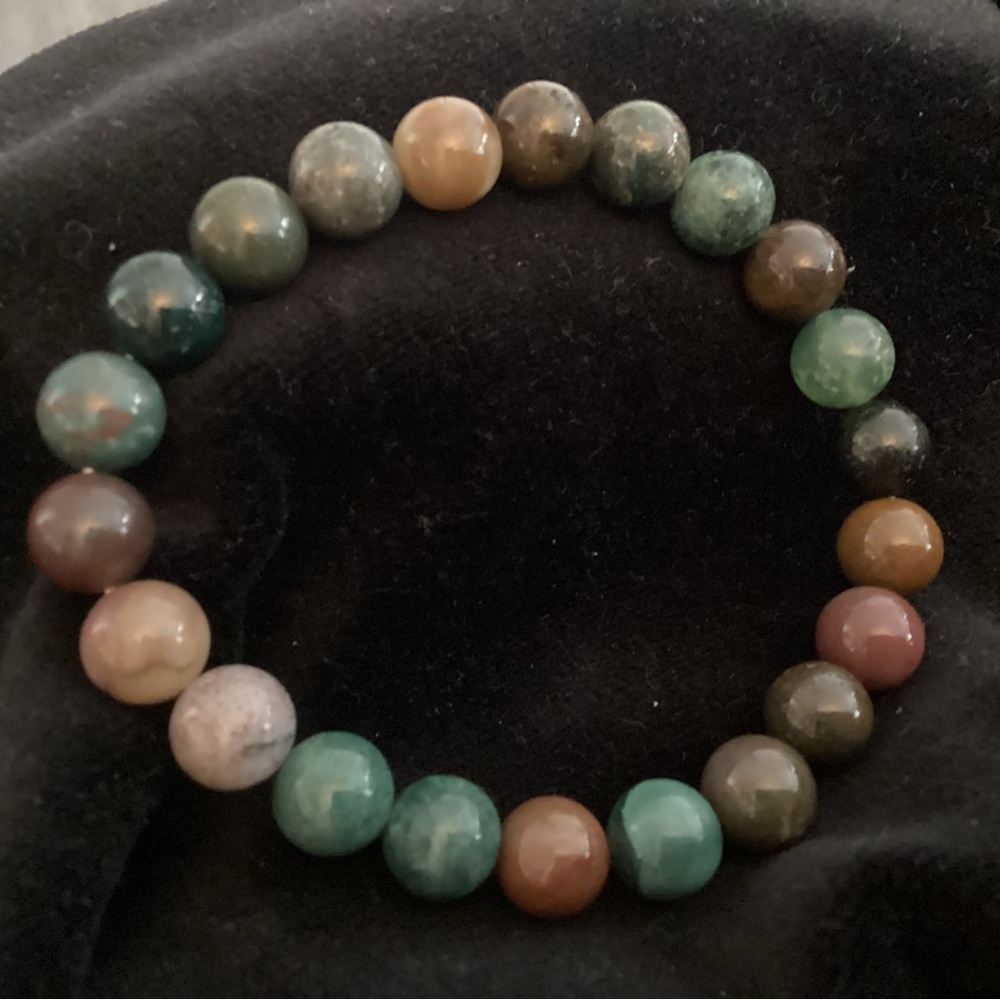 Genuine Stone Indian Agate Elastic Bracelet Natural Green Browns Jasper